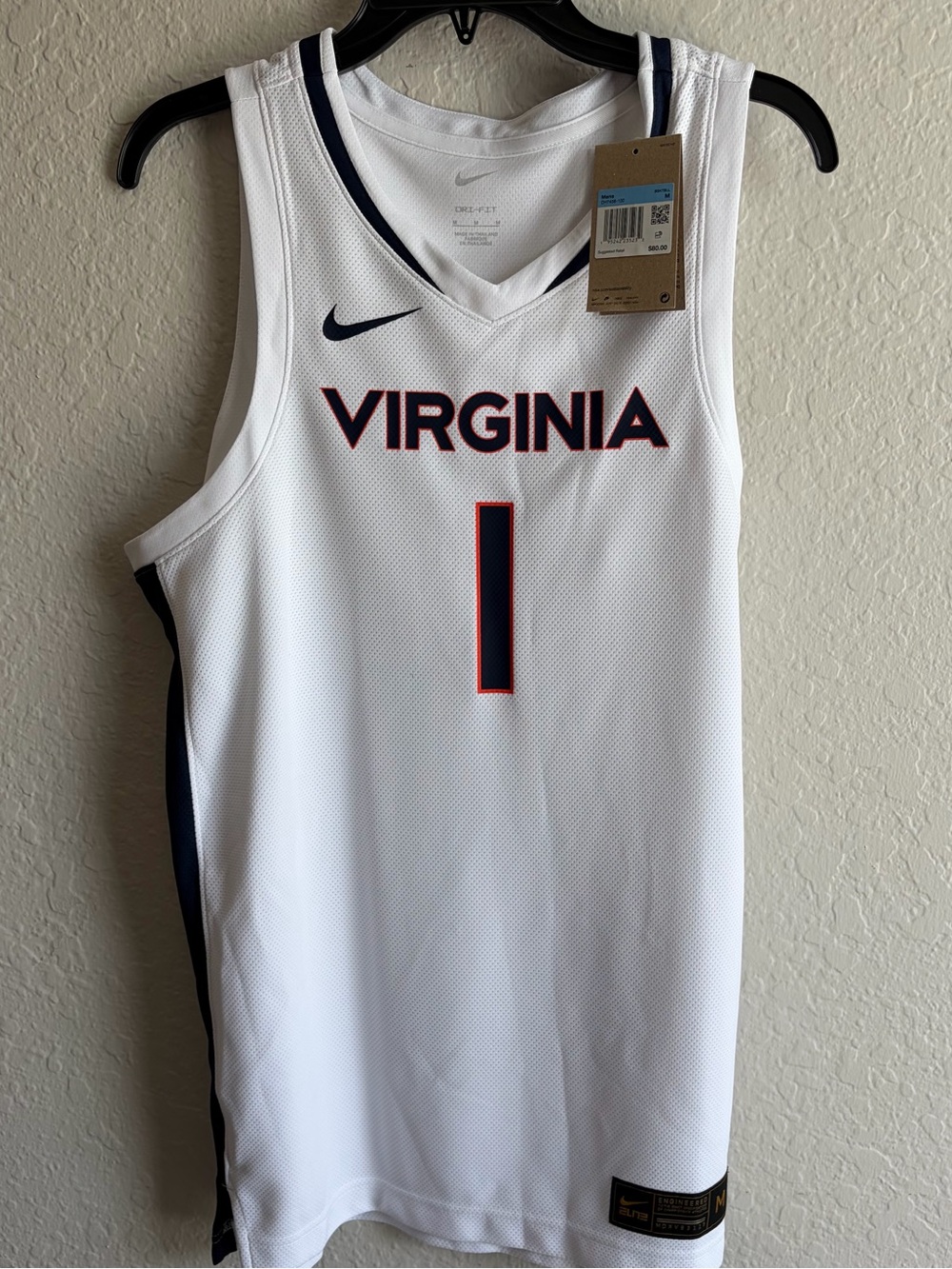 NWT NIKE Men's Medium #1 Virginia Cavaliers Nike Basketball Jersey White NWT 🏀